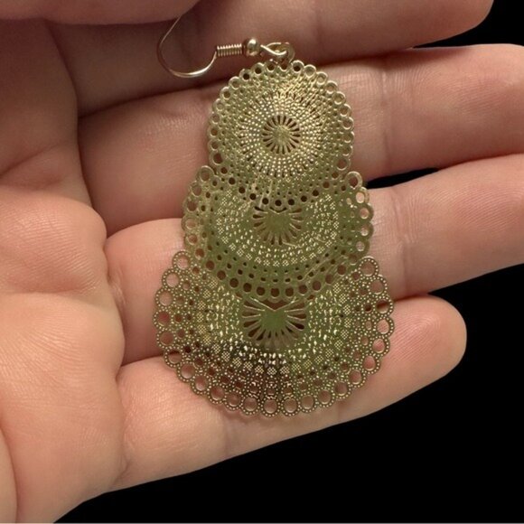 Gold-Tone Filigree Dangle Earrings With Hook Closure - Picture 2 of 2